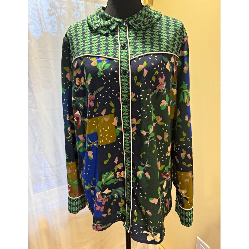 Cabi Western Floral Ruffle Collared Button Up Blouse Green Blue Multicolor L